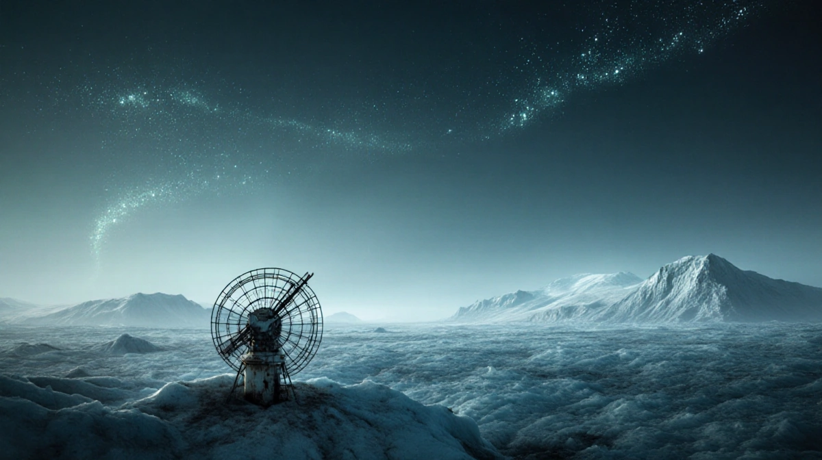 Weathered satellite antenna transmits signals across a subglacial Antarctic landscape with blue-green ice formations and dist