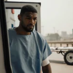 Anthony Joshua stepping out of an ambulance with a bandage and a stretcher and the Lagos‑Ibadan Expressway in the background.