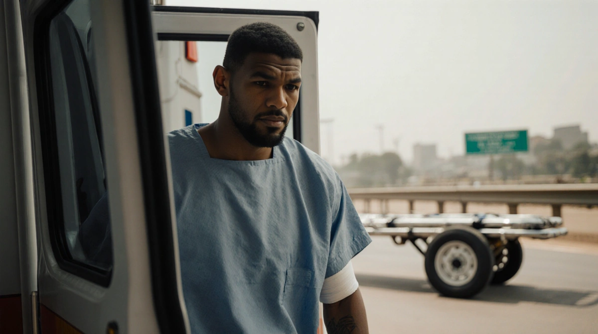 Anthony Joshua stepping out of an ambulance with a bandage and a stretcher and the Lagos‑Ibadan Expressway in the background.