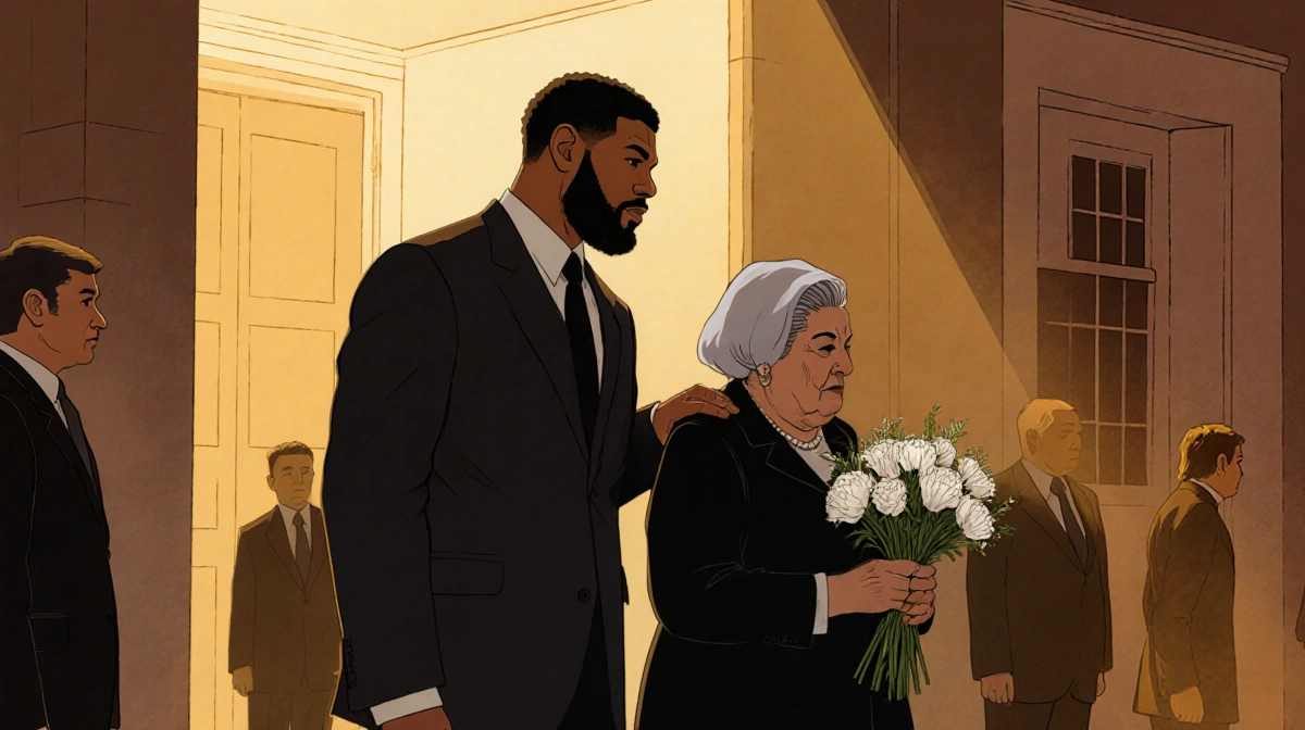 Anthony Joshua placing a hand on his mother as she holds white flowers at a funeral home