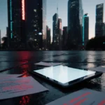 Abandoned laptop glows faint on wet pavement beside futuristic cityscape with neon reflections and scattered AI notes