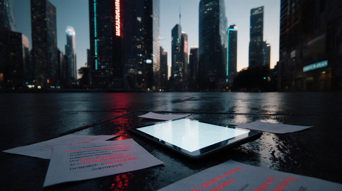 Abandoned laptop glows faint on wet pavement beside futuristic cityscape with neon reflections and scattered AI notes