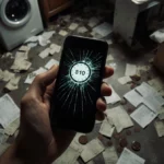 Anxious hand clutches cracked phone showing 48-hour timer with scattered bills and coins nearby