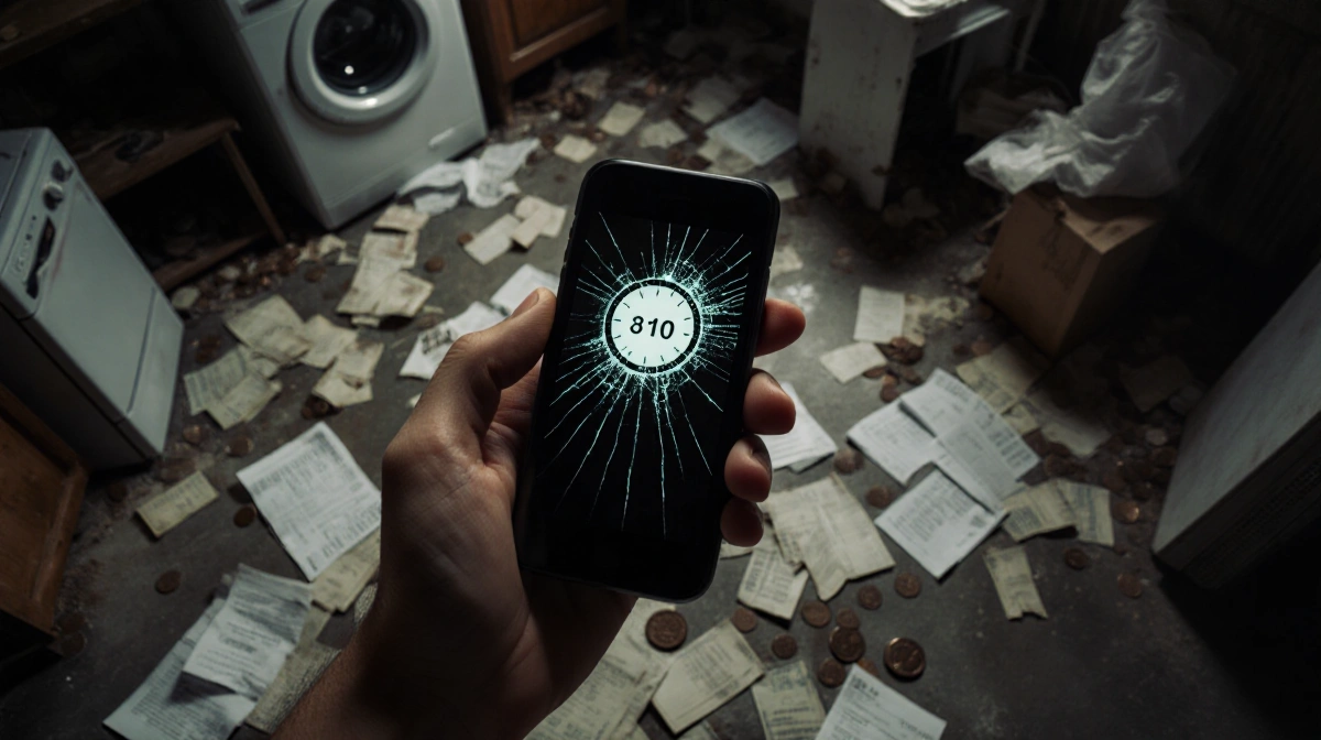 Anxious hand clutches cracked phone showing 48-hour timer with scattered bills and coins nearby