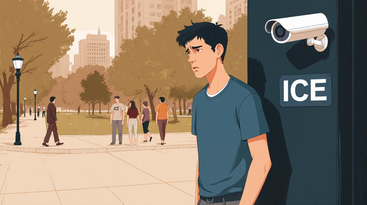 Person looking anxious while standing near security camera with ICE logo on building wall behind