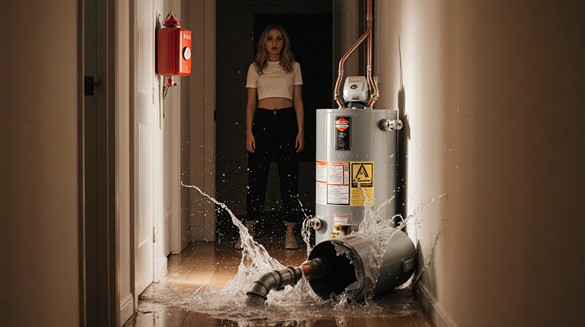 Water splashes around a burst pipe with a shattered water heater on its side and a concerned figure in the apartment hallway