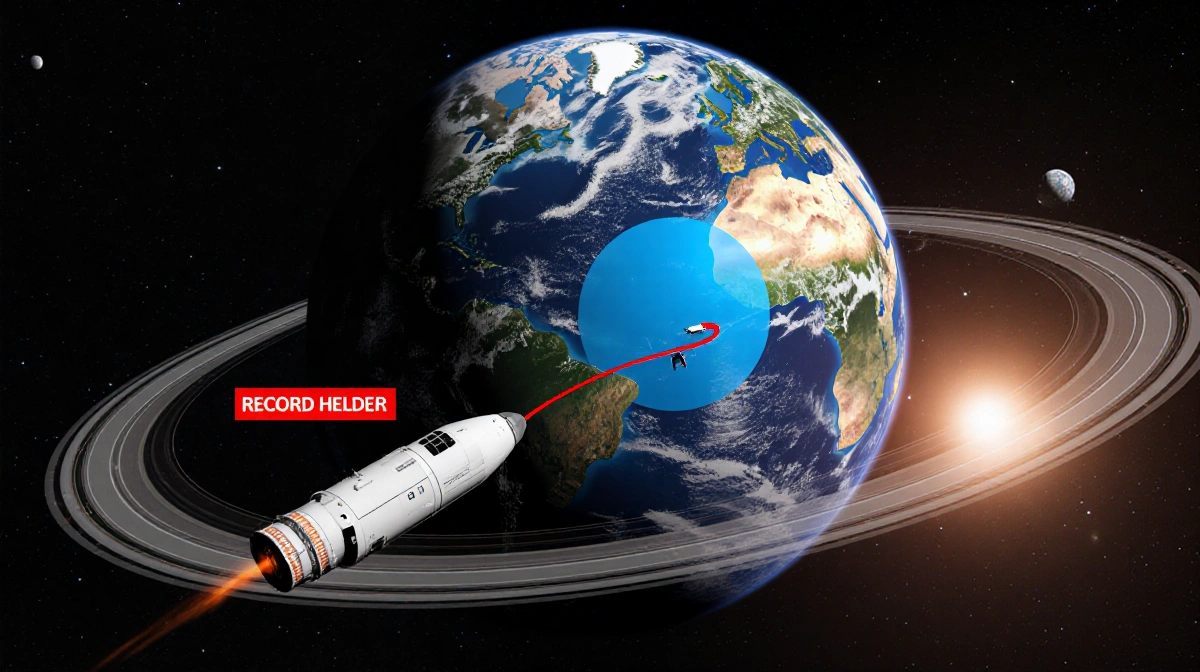 Apollo 13 spacecraft orbiting Earth with Artemis 2 spaceship and distance record marker showing space exploration history