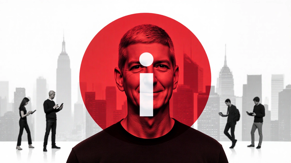 Tim Cook standing in front of an iPhone with a red circle and privacy icon, and people using devices