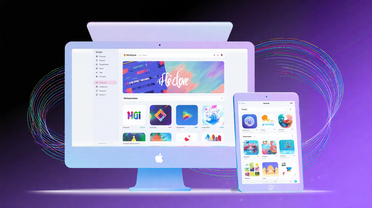 MacBook and iPad showing creative apps with flowing connection lines and minimalist design