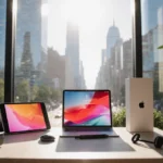 iPads glowing on sleek coffee table with natural light and green plants in blurred city background