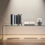 Apple minimalist shelf presenting a curved iPhone and a compact MacBook and a Home Hub with warm lighting on polished wood