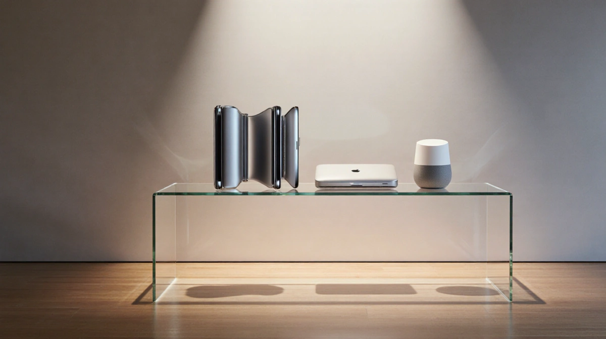 Apple minimalist shelf presenting a curved iPhone and a compact MacBook and a Home Hub with warm lighting on polished wood