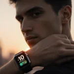 Person standing confidently with glowing Apple Watch Series 11 against sunset cityscape face turned toward camera