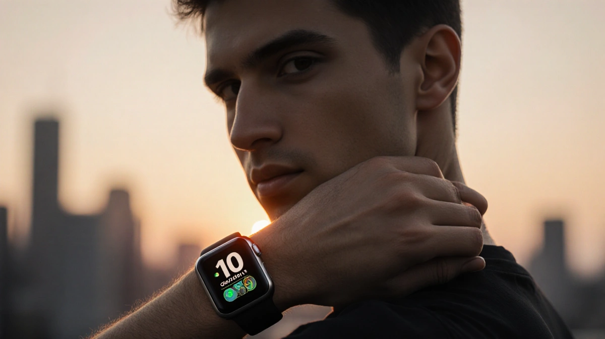 Person standing confidently with glowing Apple Watch Series 11 against sunset cityscape face turned toward camera