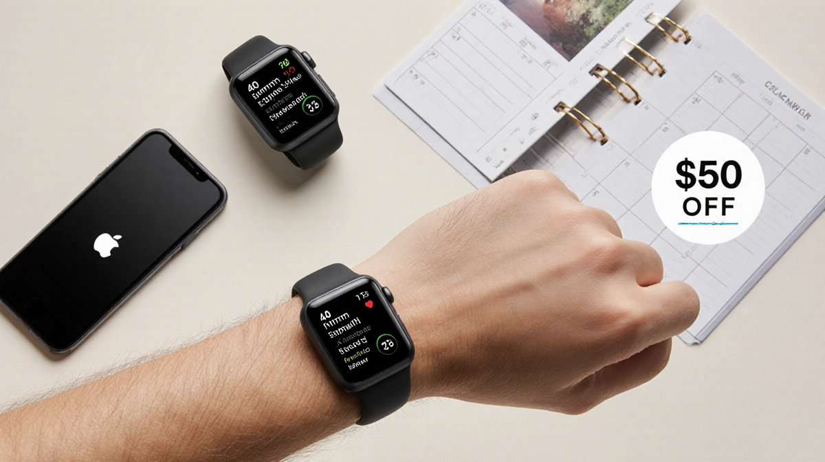 Wrist wearing Apple Watch SE 3 with 40mm model centered and 44mm offset beside smartphone and planner showing $50 off savings
