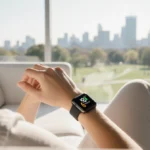 Woman sits on white couch wearing Apple Watch SE 3 with natural light and city view and discount coupons nearby.