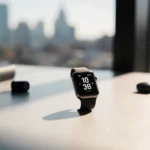 Apple Watch SE 3 rests on a sleek desk with natural light and a blurred cityscape in the background
