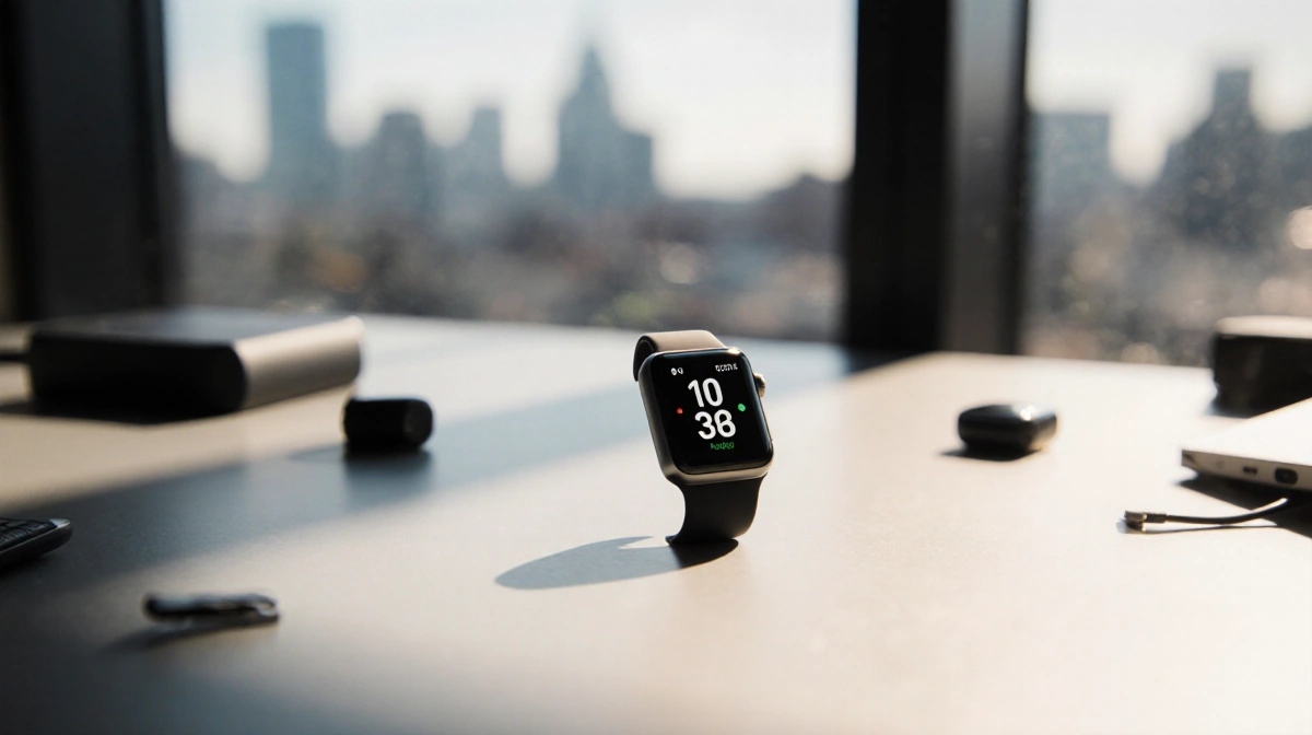 Apple Watch SE 3 rests on a sleek desk with natural light and a blurred cityscape in the background
