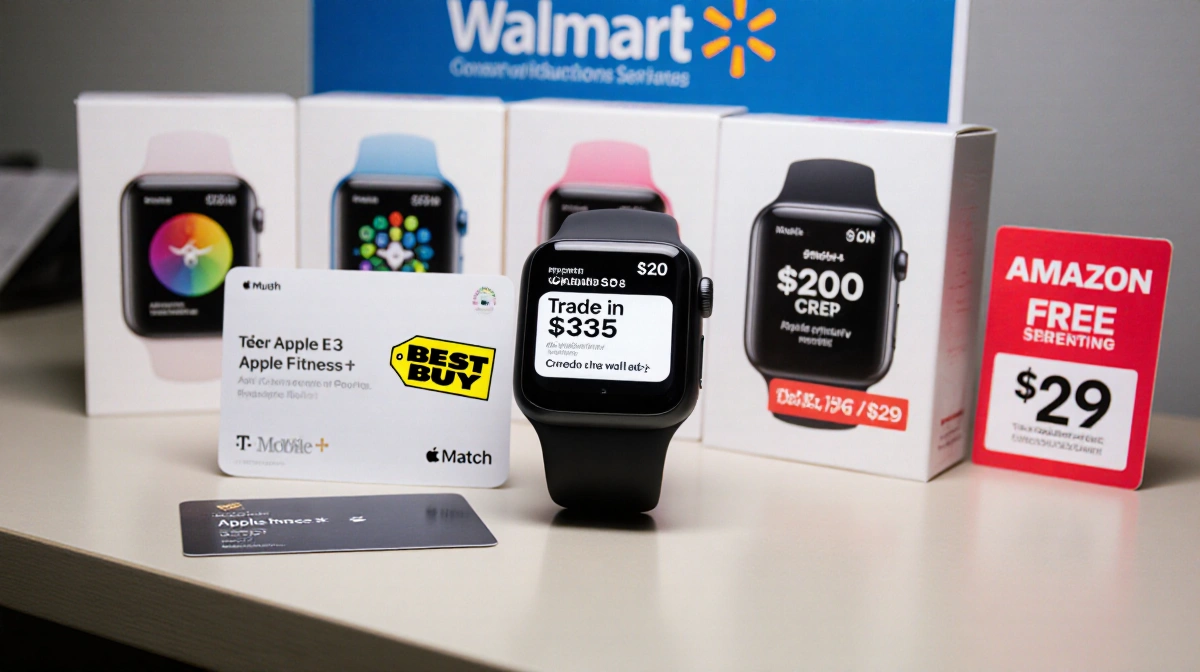 Apple Watch SE 3 showing on desk with trade-in sticker and Best Buy coupon and Apple services boxes showing free months