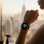 Person wearing Apple Watch Series 10 standing near a mirror with warm golden light highlighting fitness and wellness.