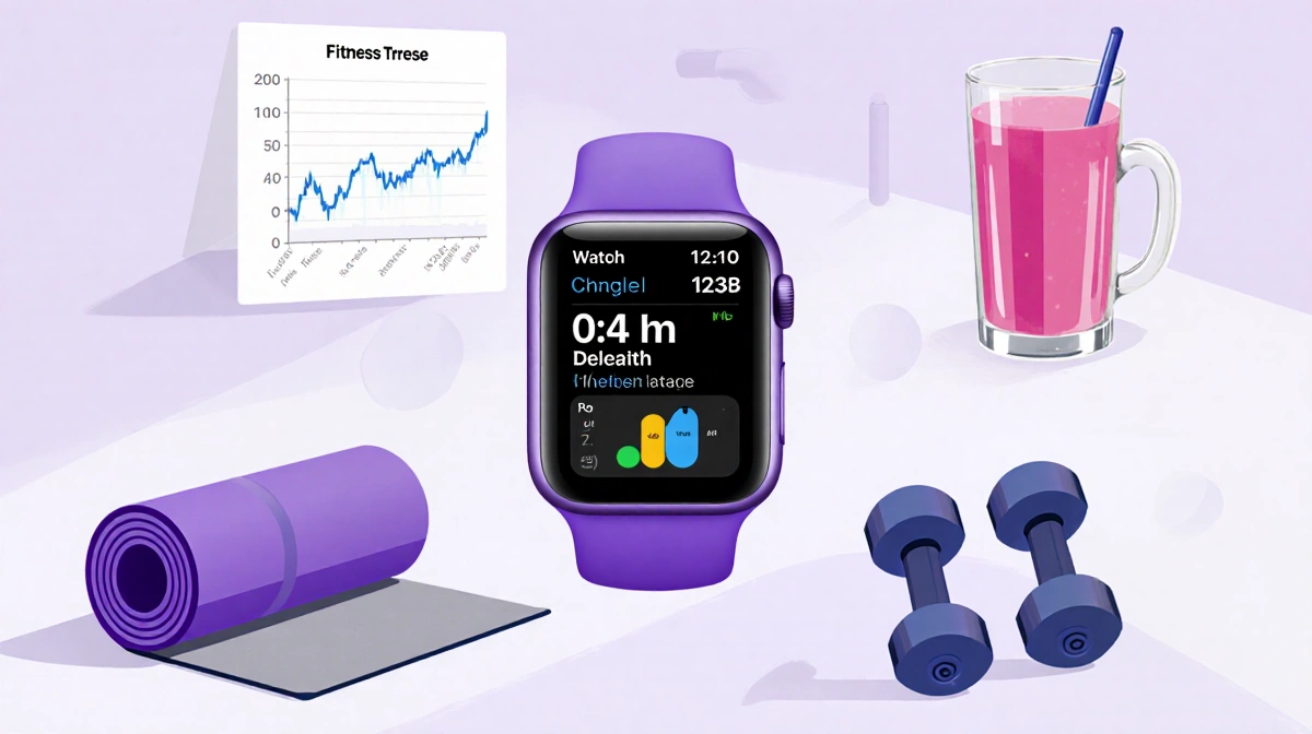 Apple Watch Series 10 shows fitness tracking screen with a yoga mat and dumbbells beside a juice glass