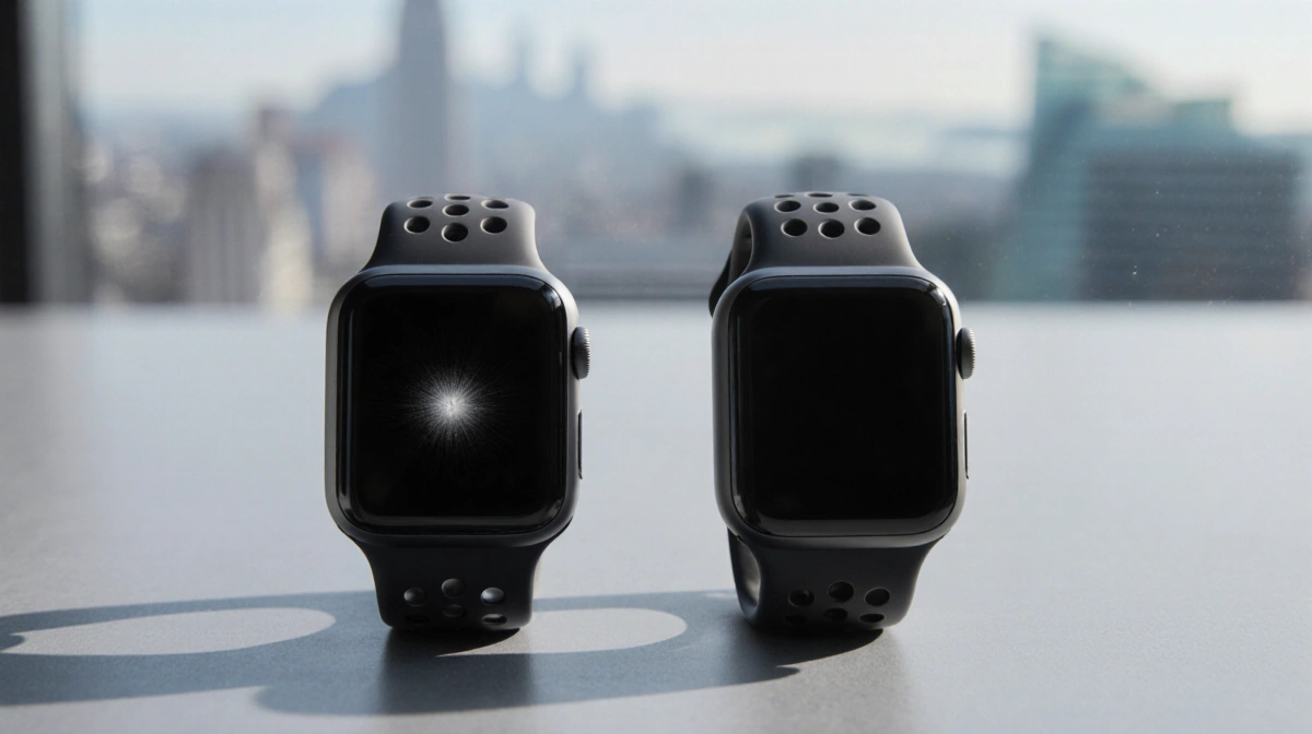 Apple Watch Series 11 and Series 10 displayed side‑by‑side on gray desk with subtle cityscape background.