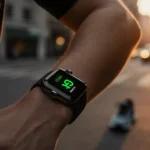 Person standing with glowing Apple Watch Series 11 and blurred city street at sunset with running shoes nearby
