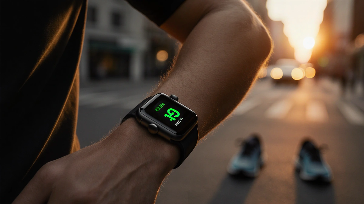Person standing with glowing Apple Watch Series 11 and blurred city street at sunset with running shoes nearby