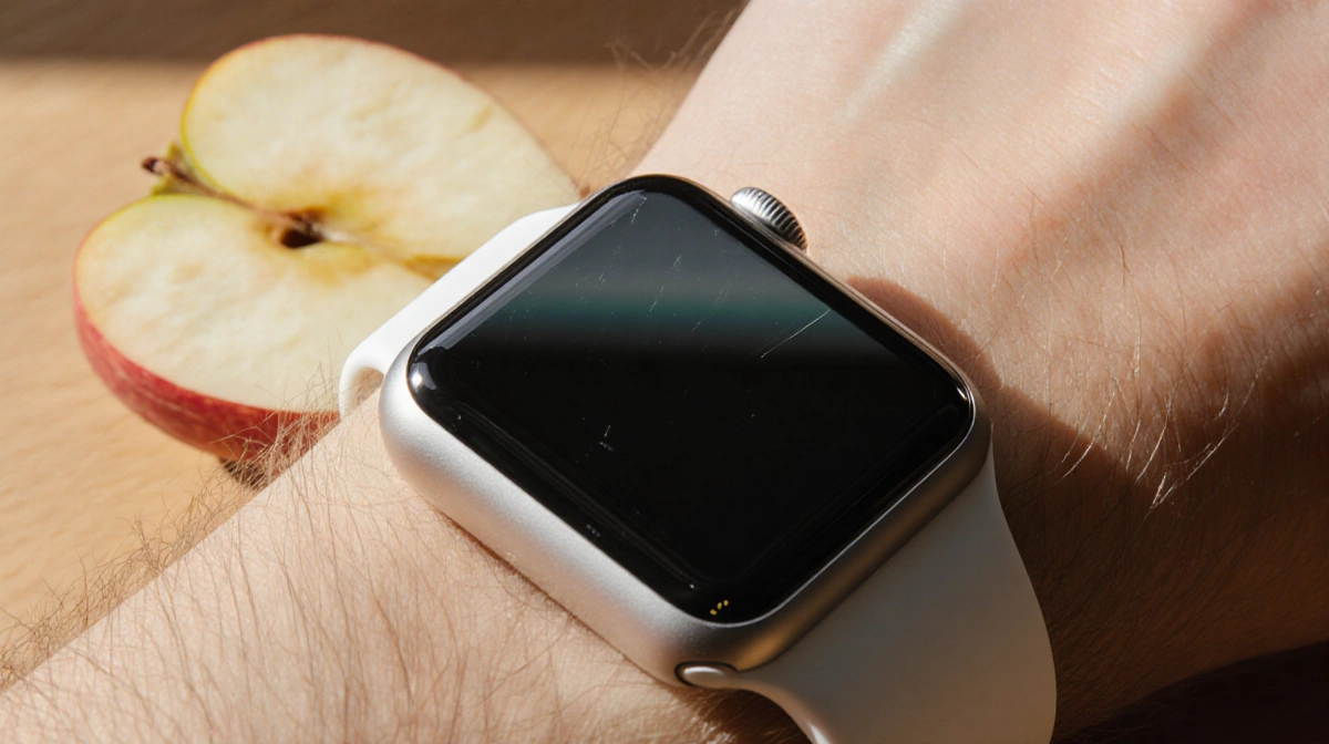 Apple Watch reflecting sunlight with Ion-X glass scratches and an apple slice near a minimalist wooden desk