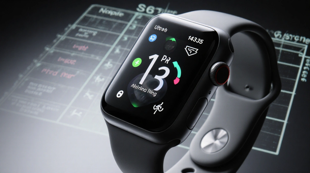 Older Apple Watch sits next to newer Ultra 3 in front with reflections and background grid showing upgrade fitness features