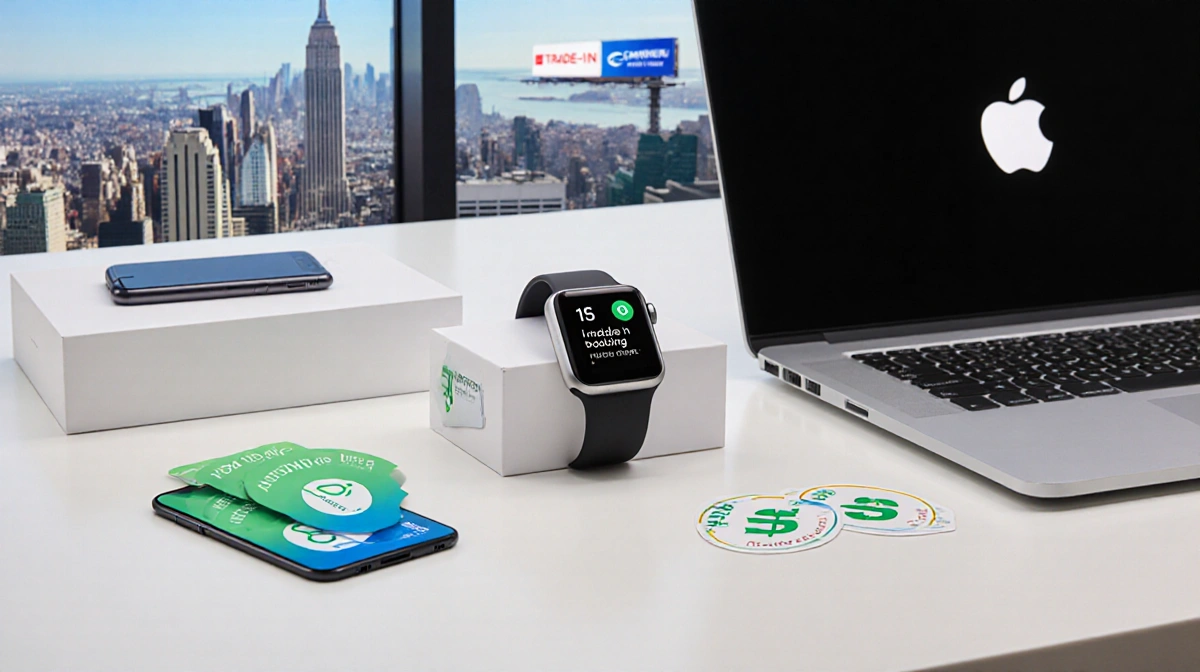Apple Watch Ultra 3 resting on desk with laptop and smartphone and trade-in stickers, city skyline with carrier logo shows sa