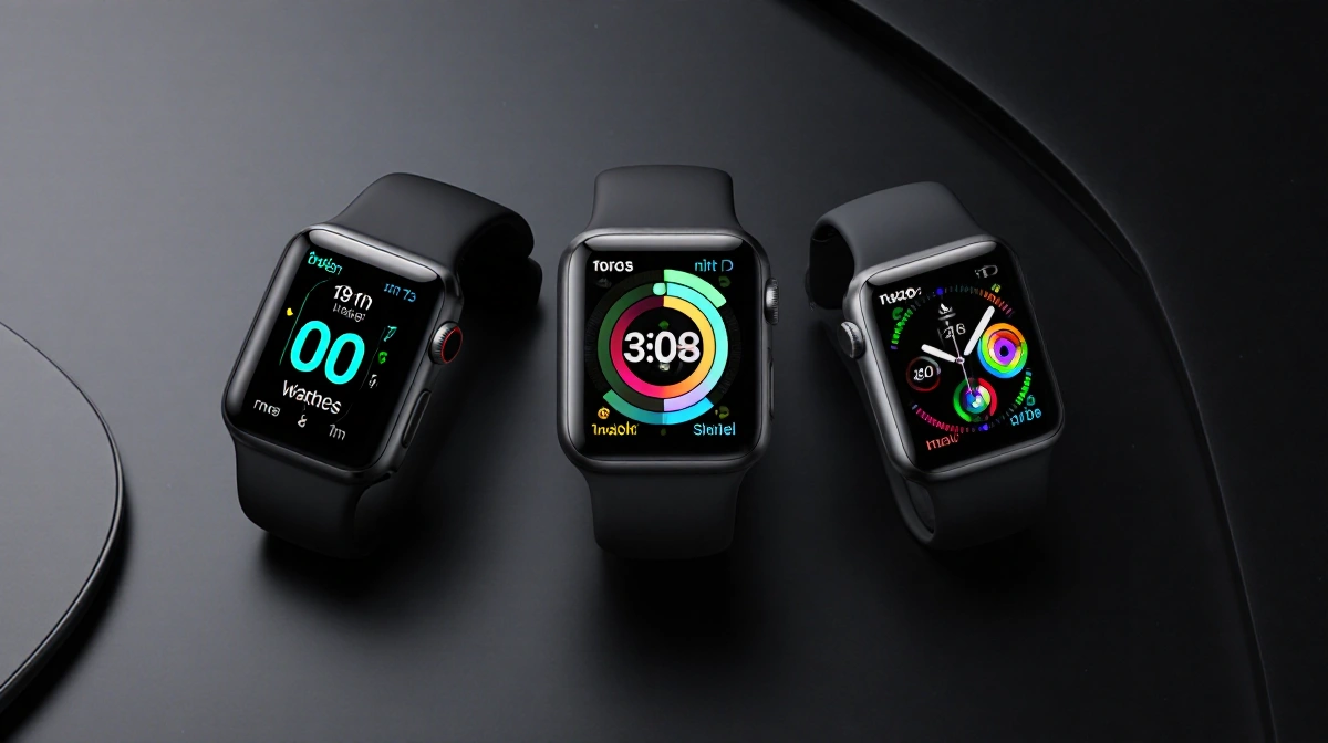 Three Apple Watches aligned on a sleek desk with the Ultra 3 center screen glowing bright and high-nit brightness