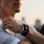 Person checking Apple Watch Ultra 3 with minimalist fitness app and warm glow against blurred cityscape