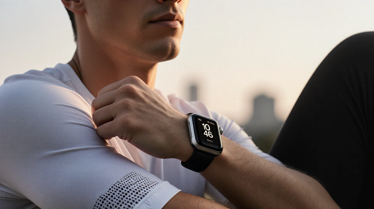 Person checking Apple Watch Ultra 3 with minimalist fitness app and warm glow against blurred cityscape