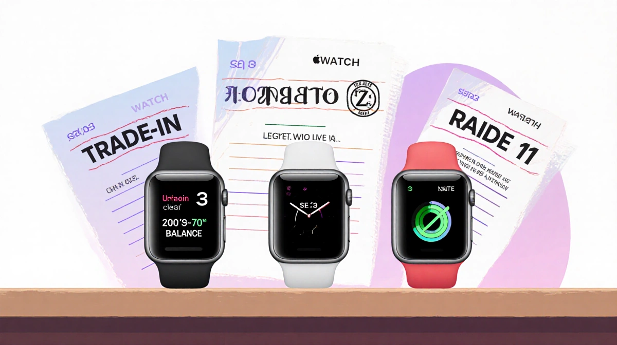 Apple SE 3 compares with Series 10 and SE 2 on table with trade-in notes and zero balance stamp