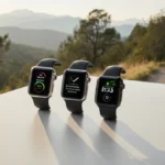 Apple watches arranged on table with soft natural light and park trail backdrop.