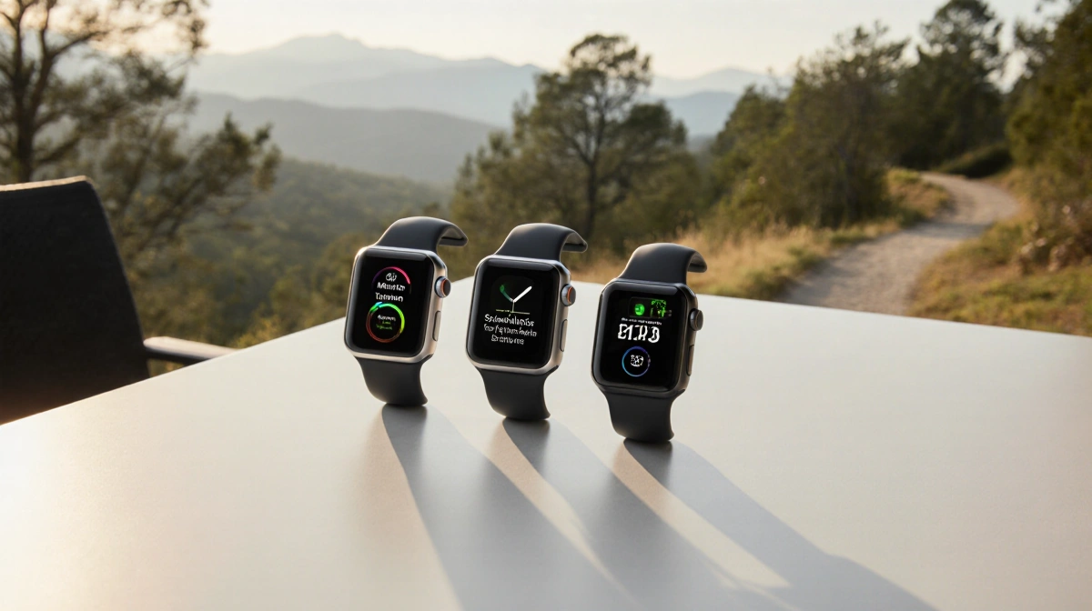 Apple watches arranged on table with soft natural light and park trail backdrop.