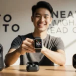 Smiling young adult holds Apple Watch Series 11 with $100 savings and earbuds and security camera on a wooden desk