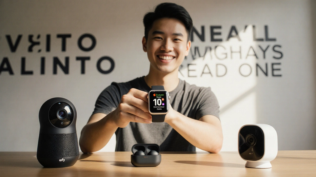 Smiling young adult holds Apple Watch Series 11 with $100 savings and earbuds and security camera on a wooden desk