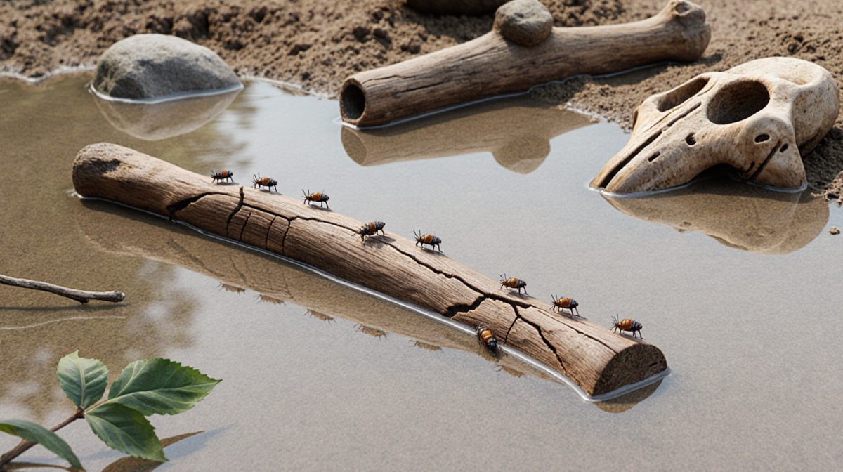 Wooden tool emerging from lake shore sediment with insects crawling and subtle cracks in the fine layer.