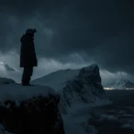 Lone figure in parka stands at snowy cliff edge with NATO flags visible and distant city glow