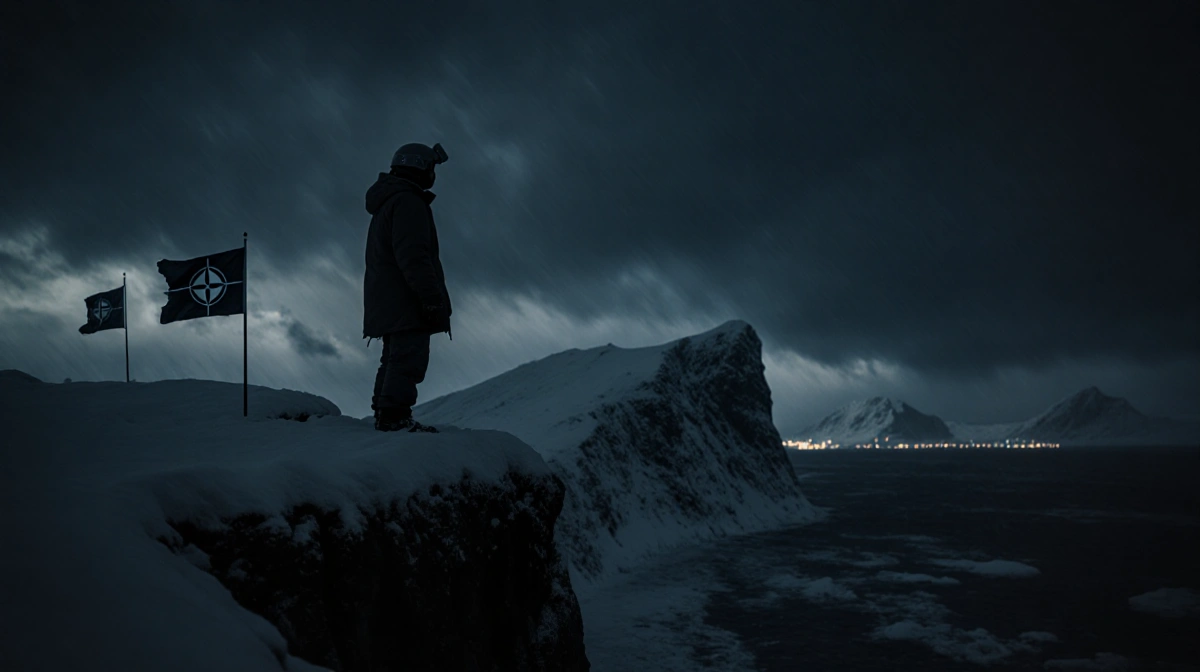 Lone figure in parka stands at snowy cliff edge with NATO flags visible and distant city glow