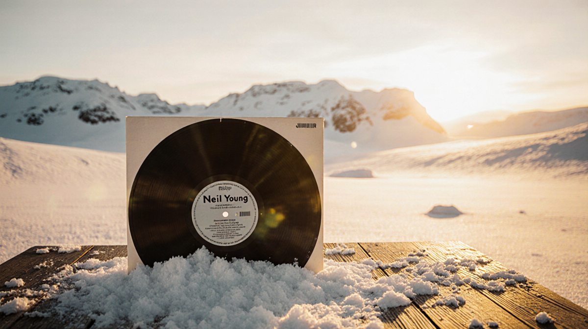 Vinyl record lying on wooden table partially buried in snow with golden Arctic sunset glow and gentle breeze on a quiet snowy