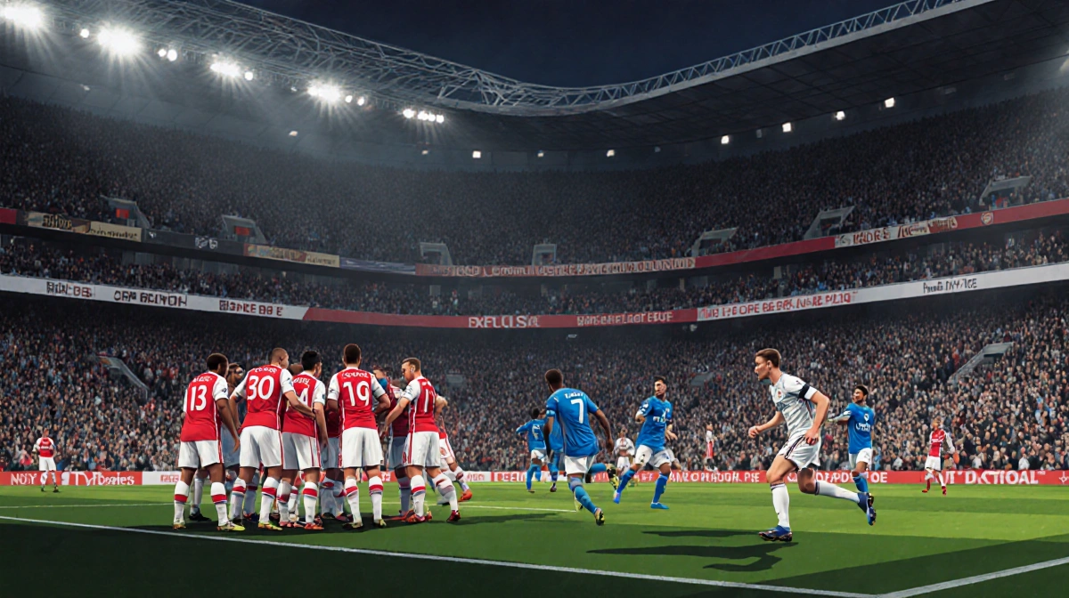 Victor Gyokeres sprinting with ball toward goal as Arsenal players defend and red crowd fills stadium behind