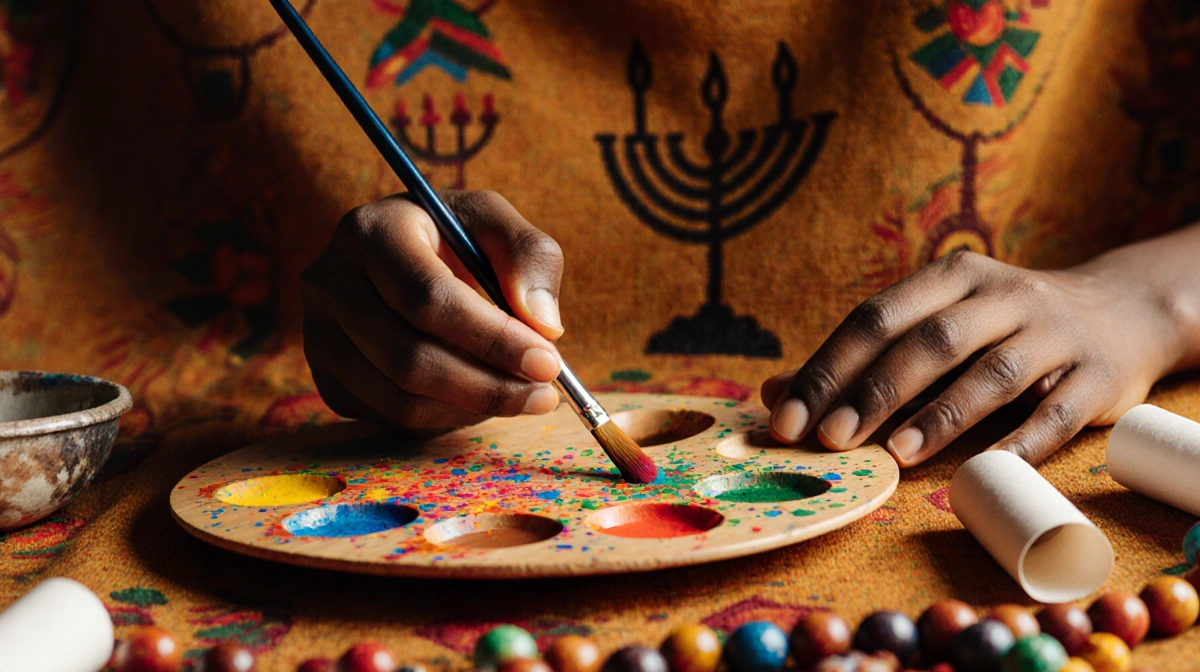 Artist's hands holding paintbrush with vibrant palette and African fabric backdrop featuring Kwanzaa symbols