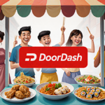 People gather around a colorful food cart with dumplings noodles and sushi and a bold red DoorDash logo.