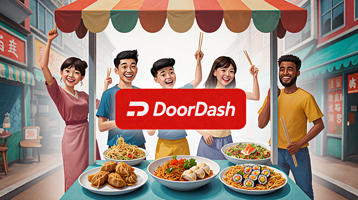 People gather around a colorful food cart with dumplings noodles and sushi and a bold red DoorDash logo.