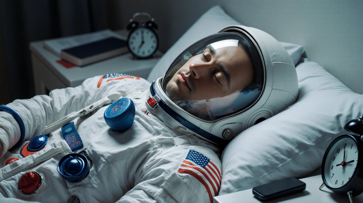 Astronaut lies in bed with phone and book nearby showing space adaptation disorientation
