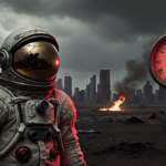 Lone astronaut standing with a glowing red doomsday clock pointing midnight and ruined cityscape in background.