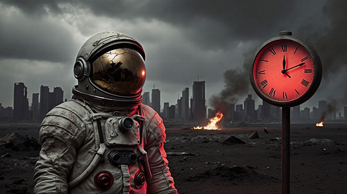 Lone astronaut standing with a glowing red doomsday clock pointing midnight and ruined cityscape in background.